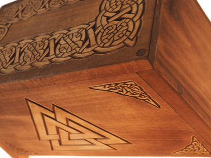 Valknut Wooden Urn For Human Ashes, Wooden Memorial Box, Hand Carved, Keepsake Cremation Urns, Cremation Boxes For Burial, Celtic pagan