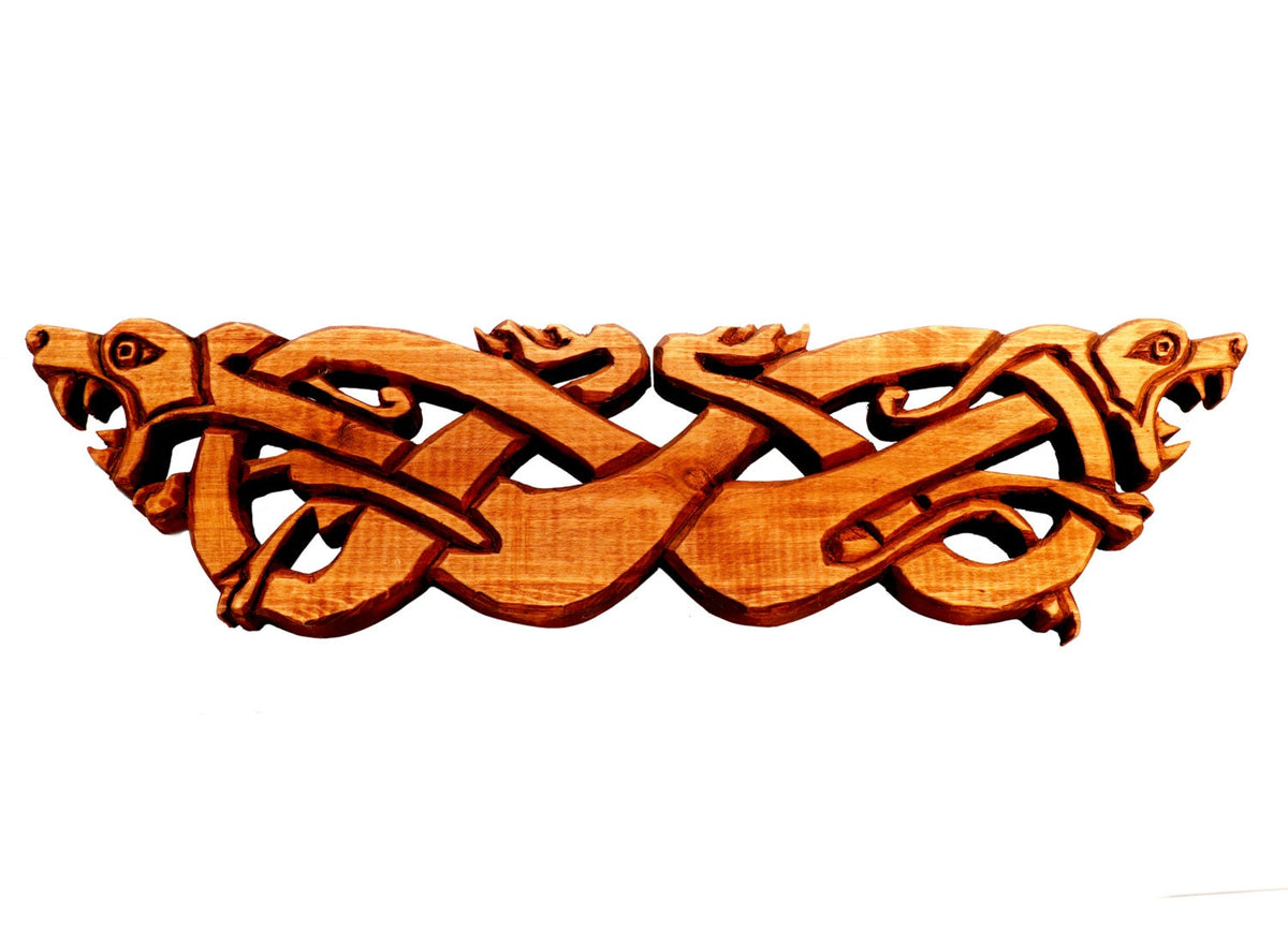 Wooden Hand Carved Urnes Style Viking Wall Hanging, Two wolves wall carving, viking wall decor, viking room decoration, viking art, norse