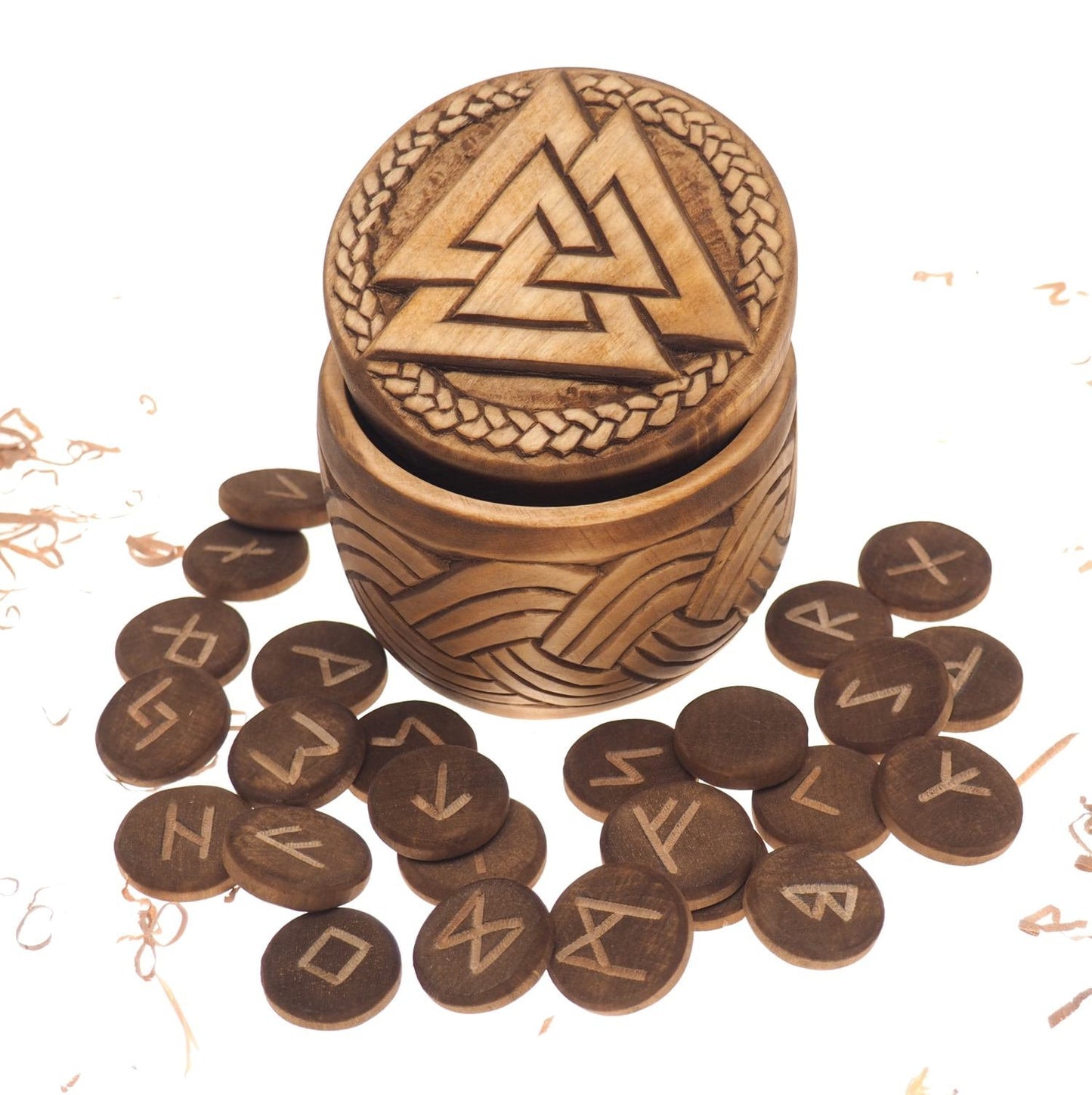 Viking Rune Set in hand carved Box with Valknut Norse Runes Elder Futhark Runes Asatru Runes Divination Runes Runes box viking