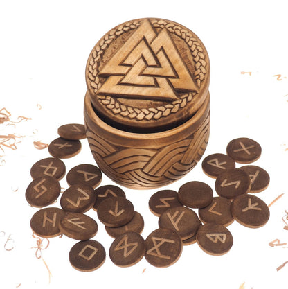 Viking Rune Set in hand carved Box with Valknut Norse Runes Elder Futhark Runes Asatru Runes Divination Runes Runes box viking