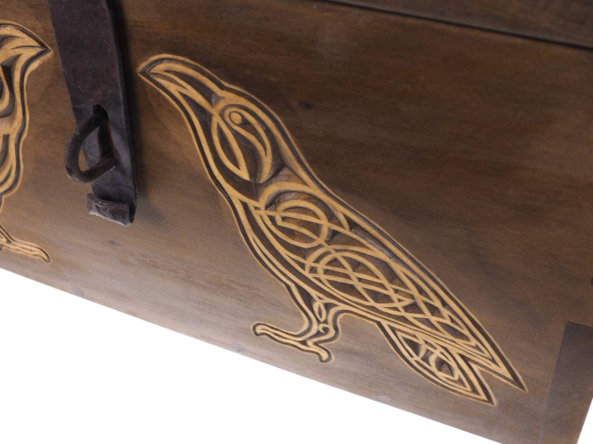 Raven Personalized Viking Chest, hand carved, Norse pattern box, chest with forged fittings, wedding gift, SCA and Larp, treasure chest
