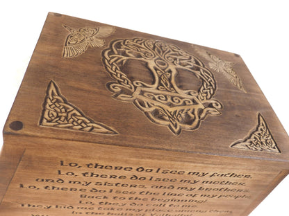 Viking Personalized Wood Urn with Yggdrasil, Wooden Memorial Box Carved , Keepsake Cremation Urns, Cremation Boxes For Burial, Viking pagan