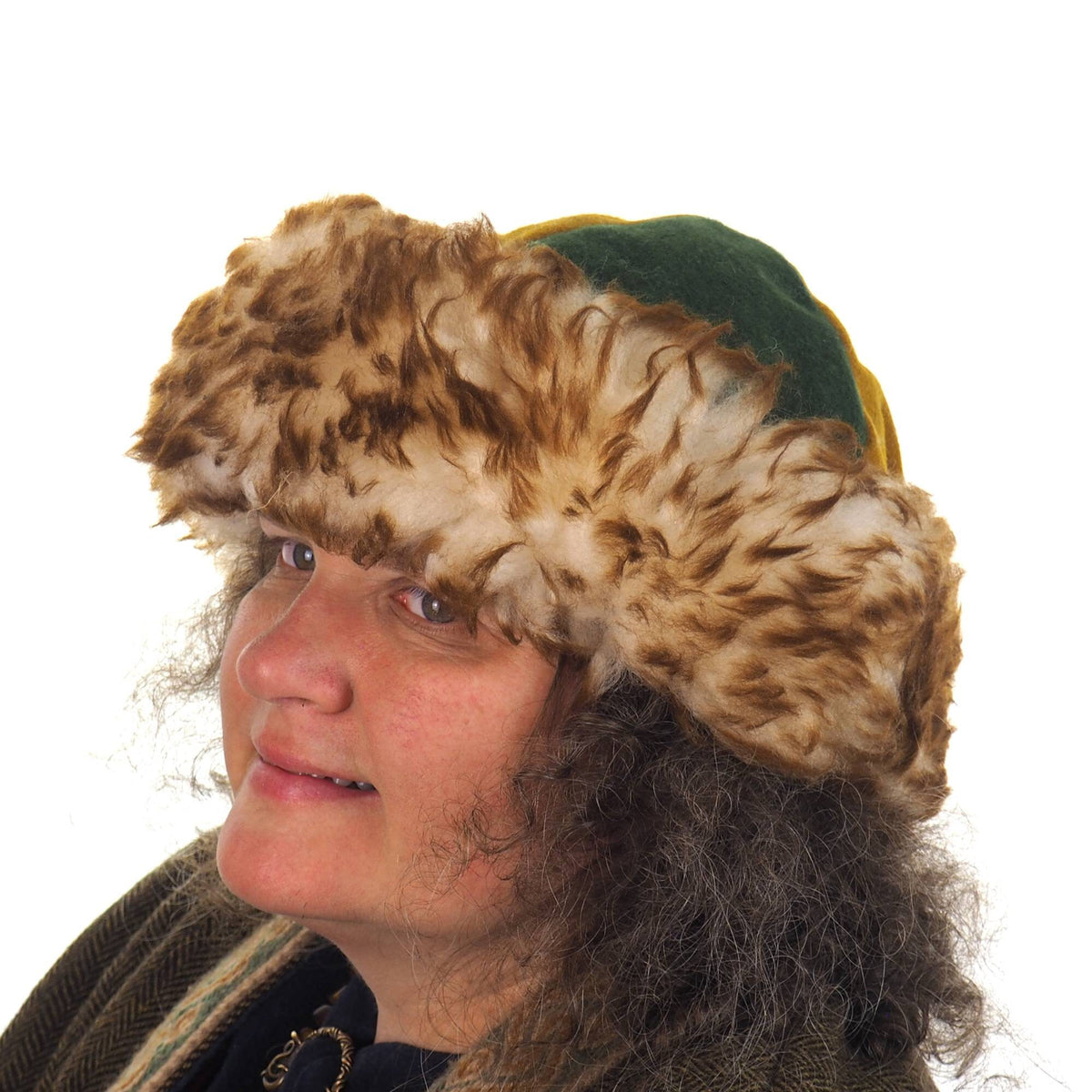 Viking wool hat, green yellow, hand sewn, wool and sheep, larp, medieval, sca, unisex hat, Woolen headdress viking, Slavic Viking clothing