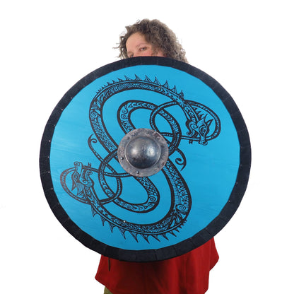 Personalized Blue Viking Shield with Dragon Pattern, 30 inch, Norsman shield, Wall decor, Larp and reenactment, SCA ready, black shield