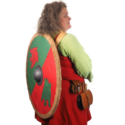 Viking Shield Green Red Bear heads Pattern,Shield with strap,  Norsman shield, Wall decor, Larp and reenactment, SCA ready,