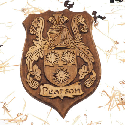 Pearson Personalized Family Crest, Hand Carved, Coat of Arms, Custom, Family Shield, Wooden Emblem, Wedding Wood Art, Heraldic, Woodcraft