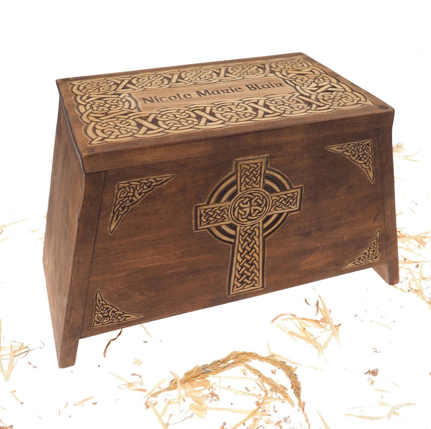 Celtic Cross Wooden Urn For Human Ashes, Wooden Memorial Box, Hand Carved, Keepsake Cremation Urns, Cremation Boxes For Burial, Celtic pagan