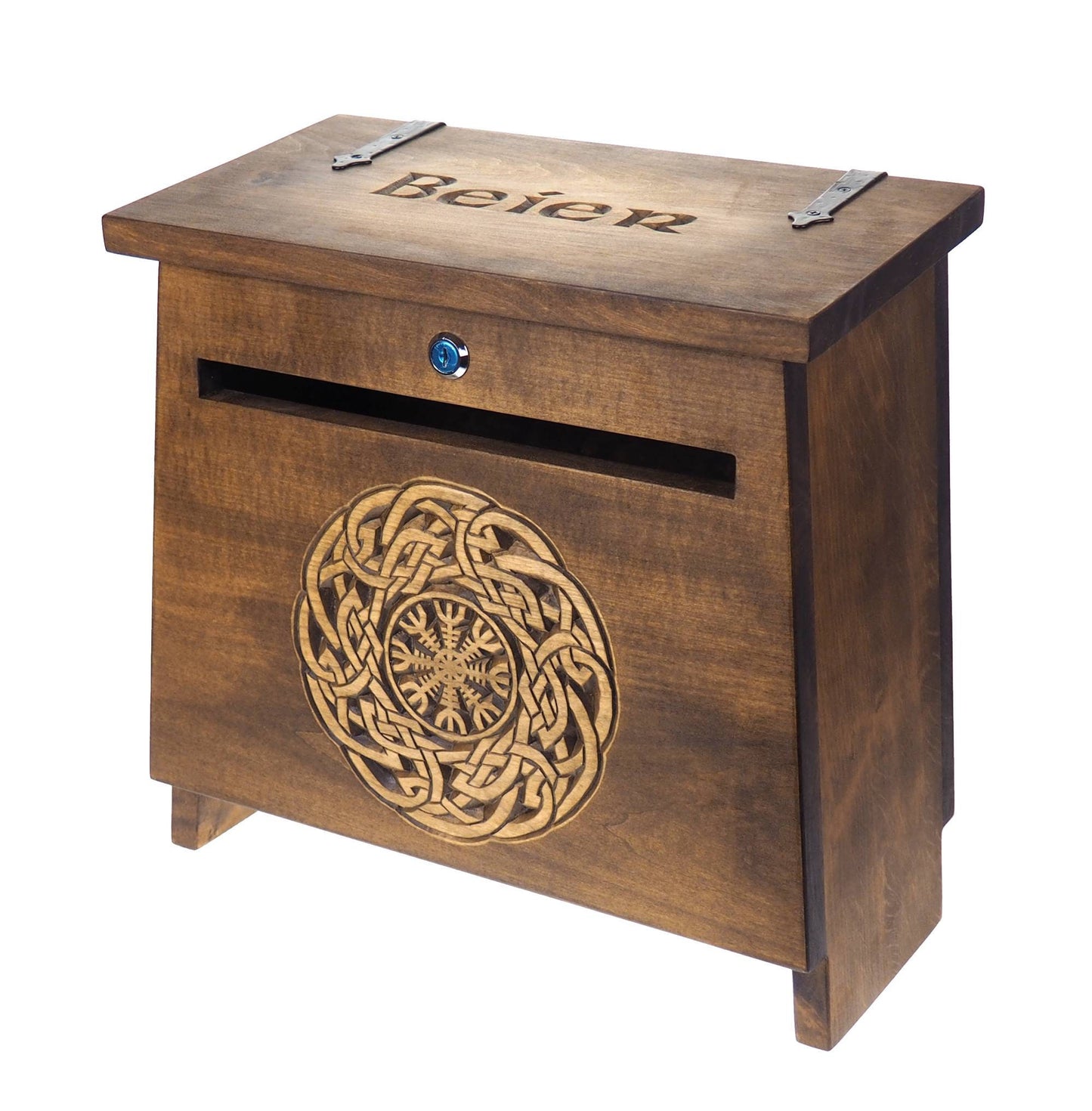 Big Personalised Viking MailBox Aegishjalmur,  Wooden Wall Mount,  CardBox with Key, Hanging Post Box with a slot, Housewarming Gift,