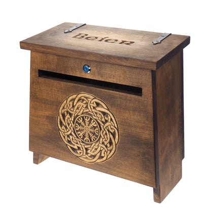 Big Personalised Viking MailBox Aegishjalmur,  Wooden Wall Mount,  CardBox with Key, Hanging Post Box with a slot, Housewarming Gift,