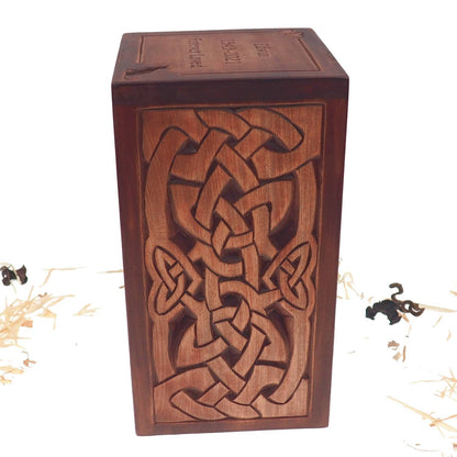 Personalized Wood Urn For Human Ashes, Celtic cross and plait motive, Wooden Memorial Box, Carved Keepsake Cremation Urns, Boxes For Burial