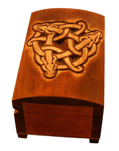 Wooden historical jewelry box with hand carved Celtic dragons pattern