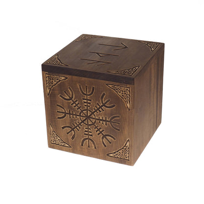 Square Personalized Wood Urn, Aegishjalmur, For Human Ashes, Wooden Memorial Box, Carved Keepsake Cremation Urns, Medieval Viking style