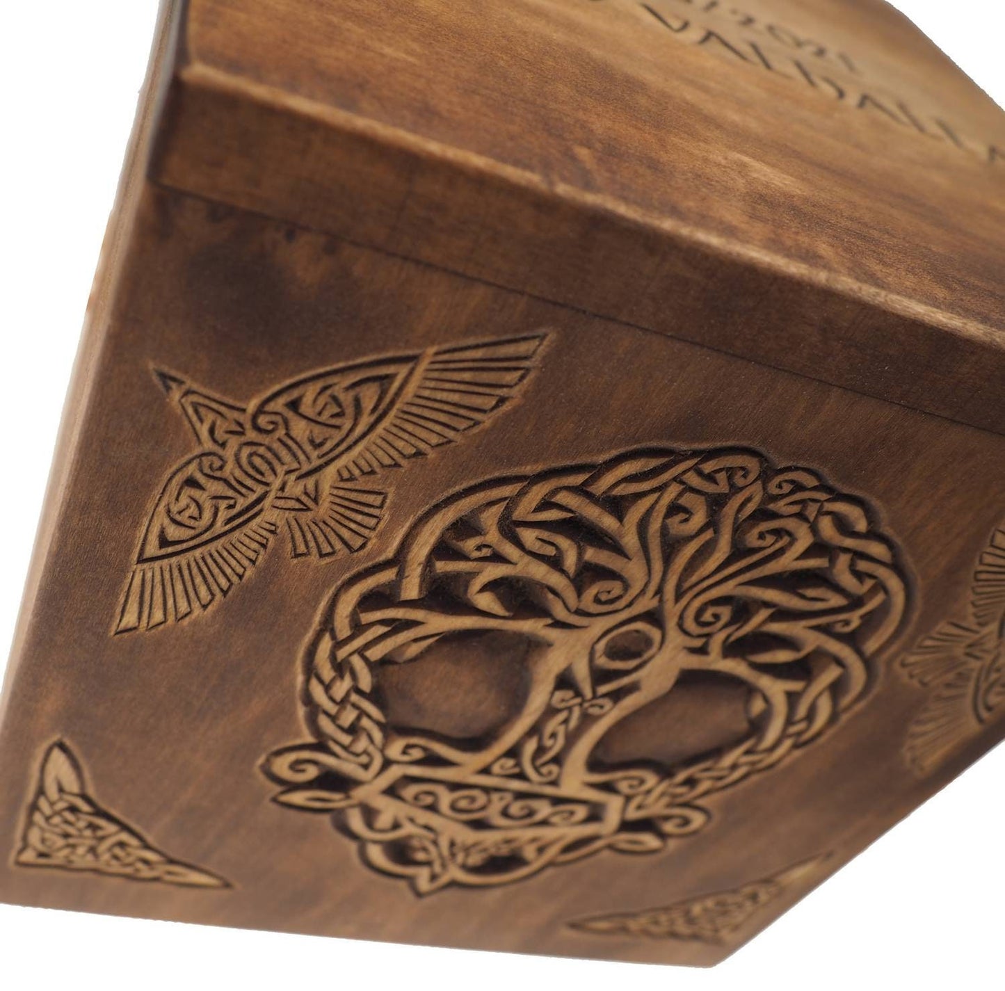 Square Personalized Wood Urn For Human Ashes, Thor hammer Yggdrasil Memorial Box, Carved Keepsake Cremation Urns, Cremation Boxes For Burial
