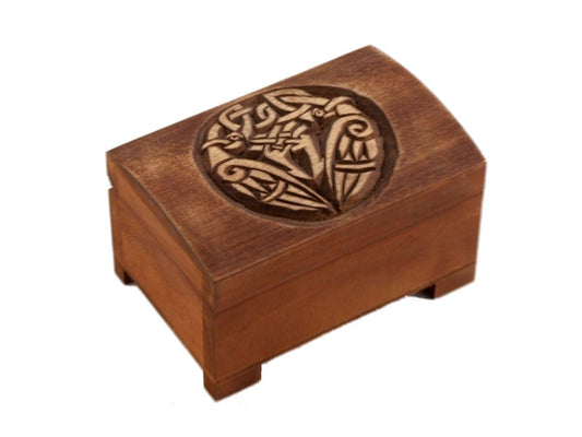 Wooden historical jewelry box with celtic birds pattern
