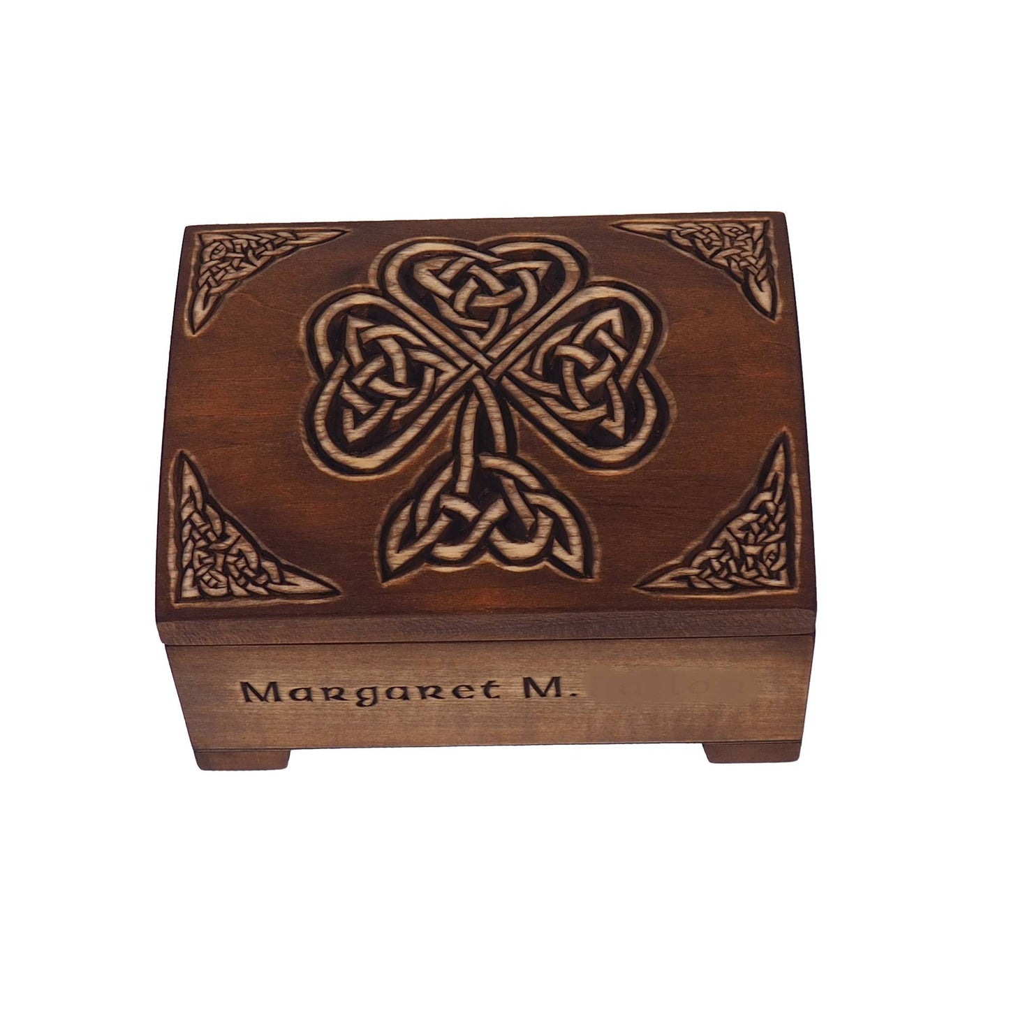 Personalized wooden hand carved jewelry box, Shamrock, keepsake box, jewelry storage, memory box, celtic,  hand carved, gift box, wooden box
