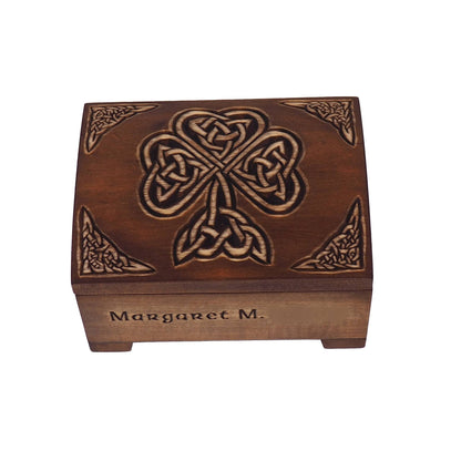 Personalized wooden hand carved jewelry box, Shamrock, keepsake box, jewelry storage, memory box, celtic,  hand carved, gift box, wooden box