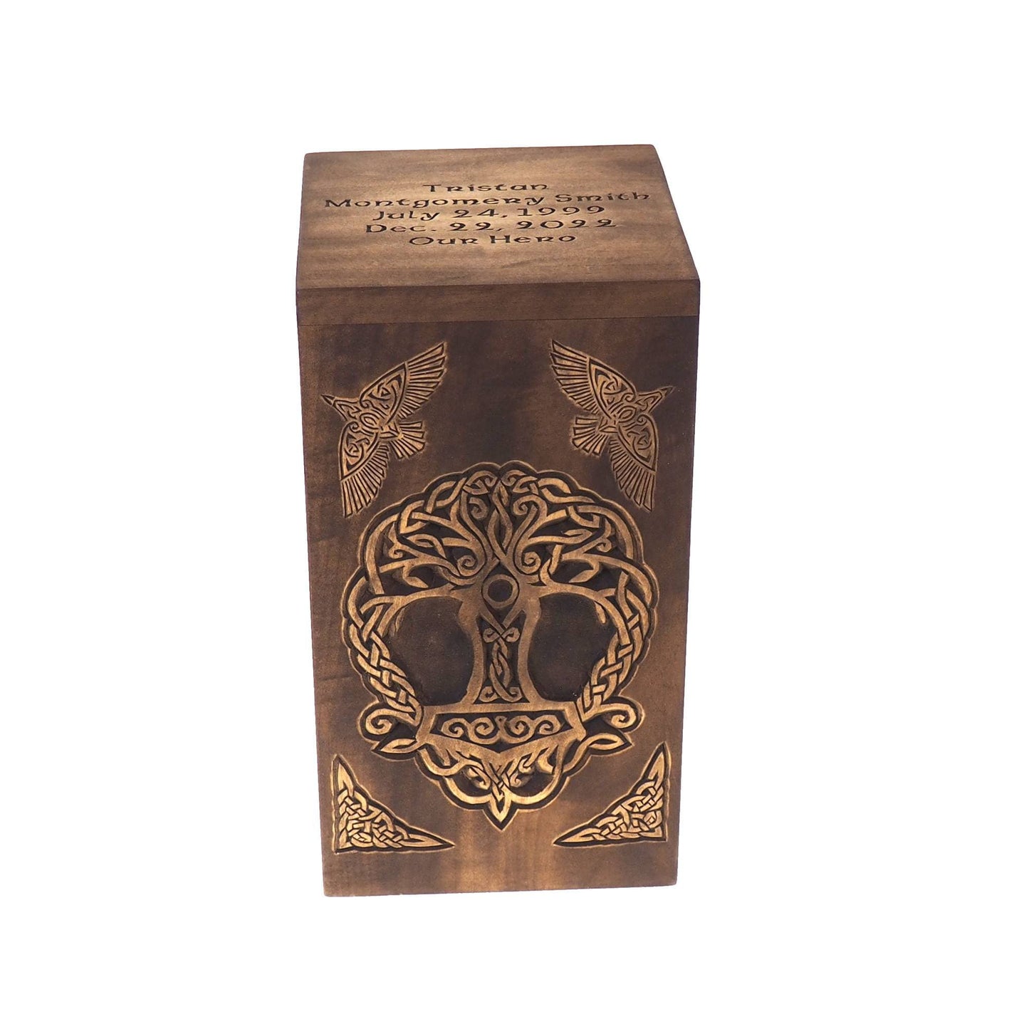 Personalized Wood Urn For Human Ashes,Thor hammer, ravens, Wooden Memorial Box, Carved Keepsake Cremation Urns, Cremation Boxes For Burial