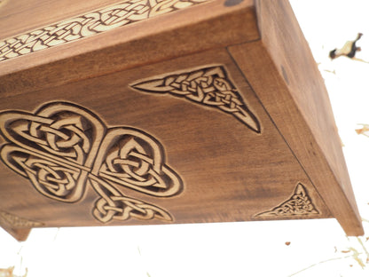 Shamrock Wooden Urn For Human Ashes, Wooden Memorial Box, Hand Carved, Keepsake Cremation Urns, Cremation Boxes For Burial, Celtic pagan