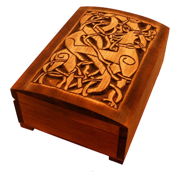 Wooden viking jewelry box with Urnes Deer, historical, Norse pattern, viking gift, memory box, hand carved