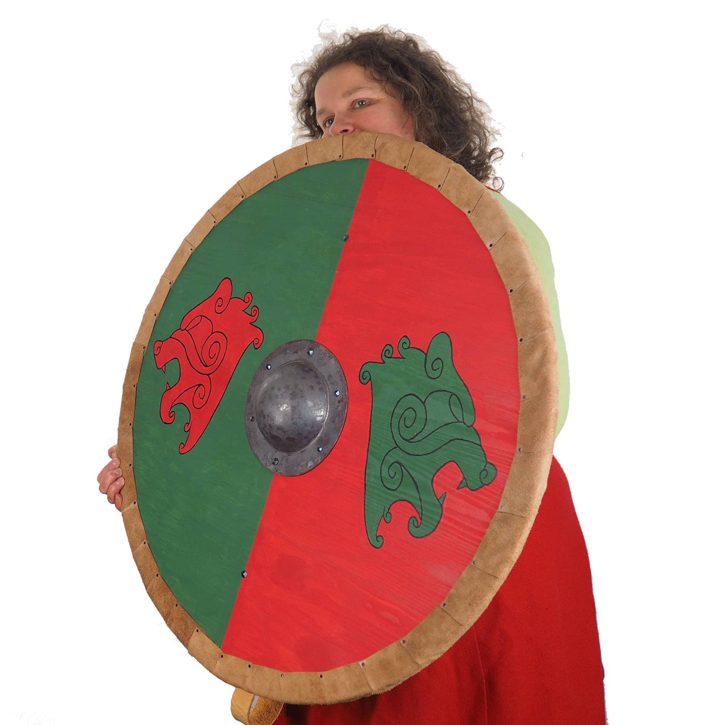 Viking Shield Green Red Bear heads Pattern,Shield with strap,  Norsman shield, Wall decor, Larp and reenactment, SCA ready,