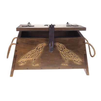 Raven Personalized Viking Chest, hand carved, Norse pattern box, chest with forged fittings, wedding gift, SCA and Larp, treasure chest