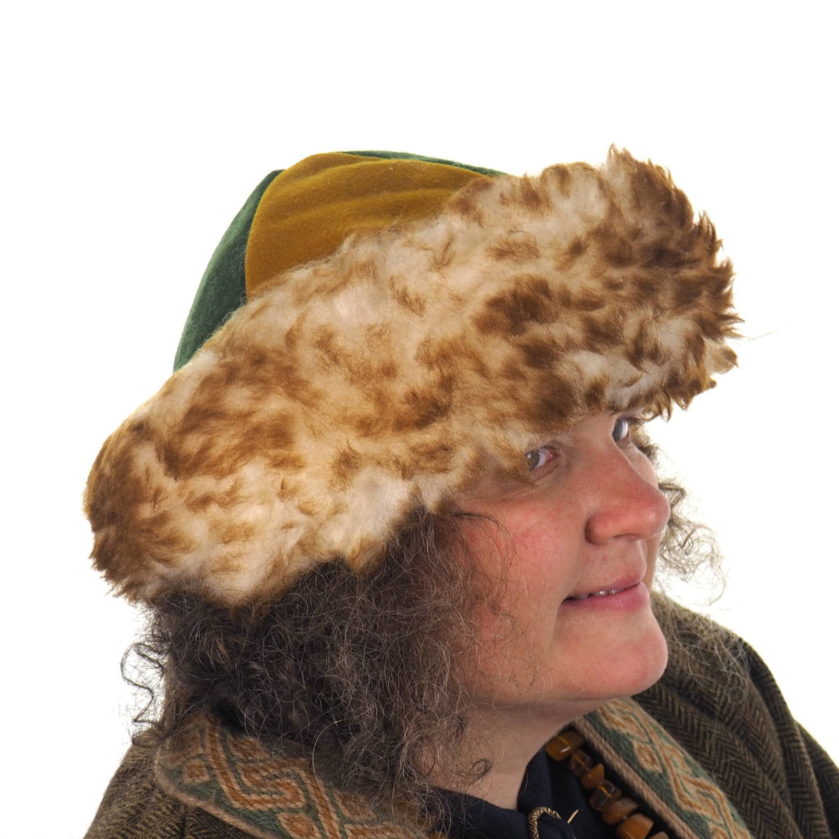Viking wool hat, green yellow, hand sewn, wool and sheep, larp, medieval, sca, unisex hat, Woolen headdress viking, Slavic Viking clothing