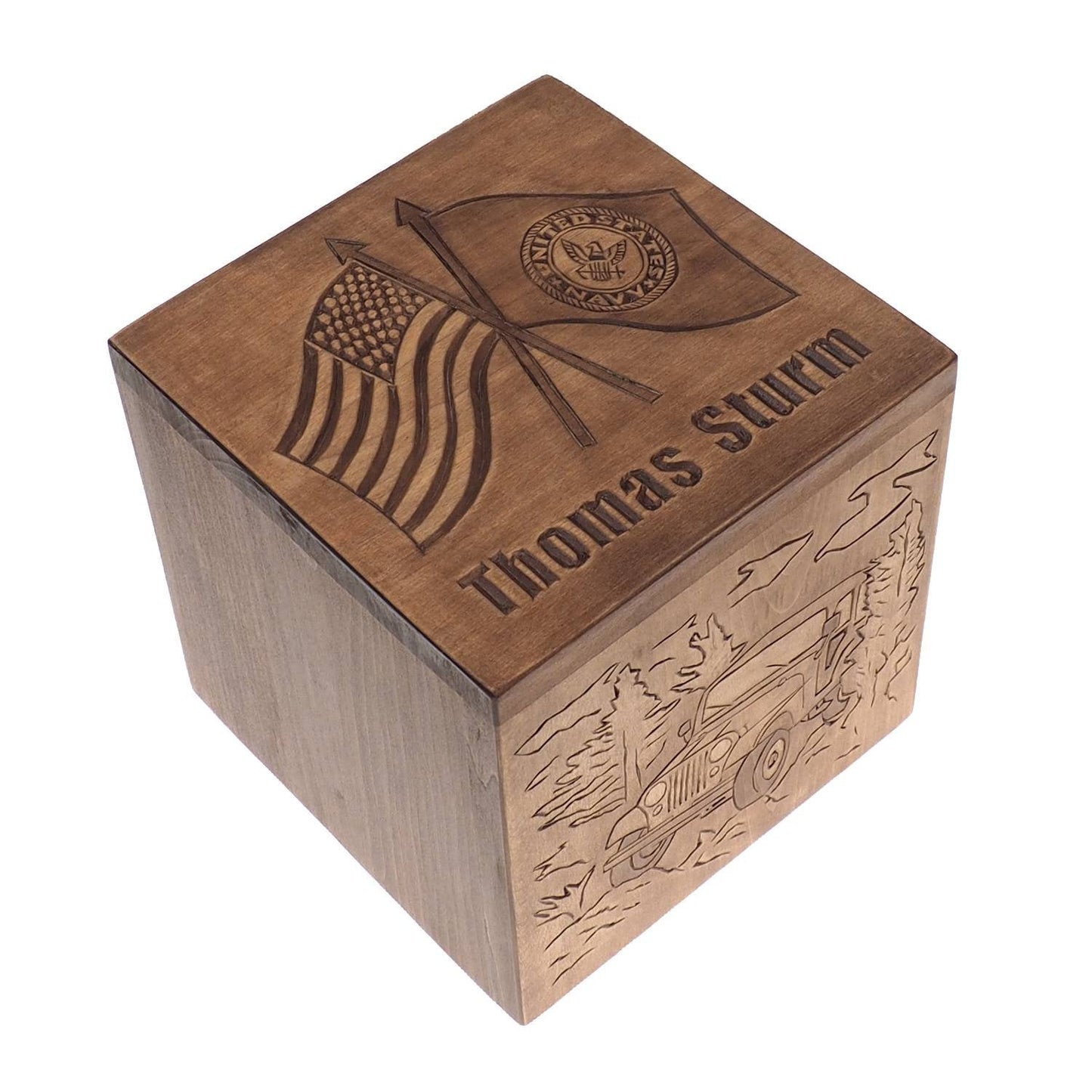 US flag Square Personalized Wood Urn For Human Ashes, Wooden Memorial Box, Carved Keepsake Cremation Urns, Cremation Boxes For Burial