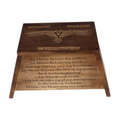 Viking Personalized Wood Urn with Raven, Viking ship, Wooden Memorial Box Carved , Cremation Urns,  Boxes For Burial, Viking, pagan, prayer