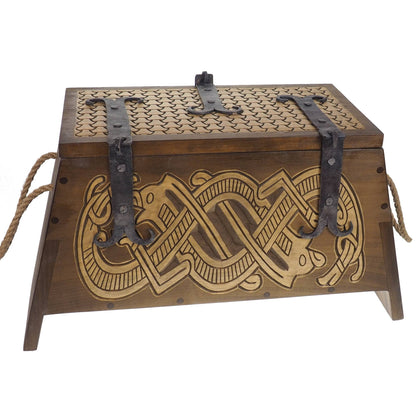 Dragons Personalized Viking Chest, hand carved, Norse pattern box, chest with forged fittings, wedding gift, SCA and Larp, treasure chest