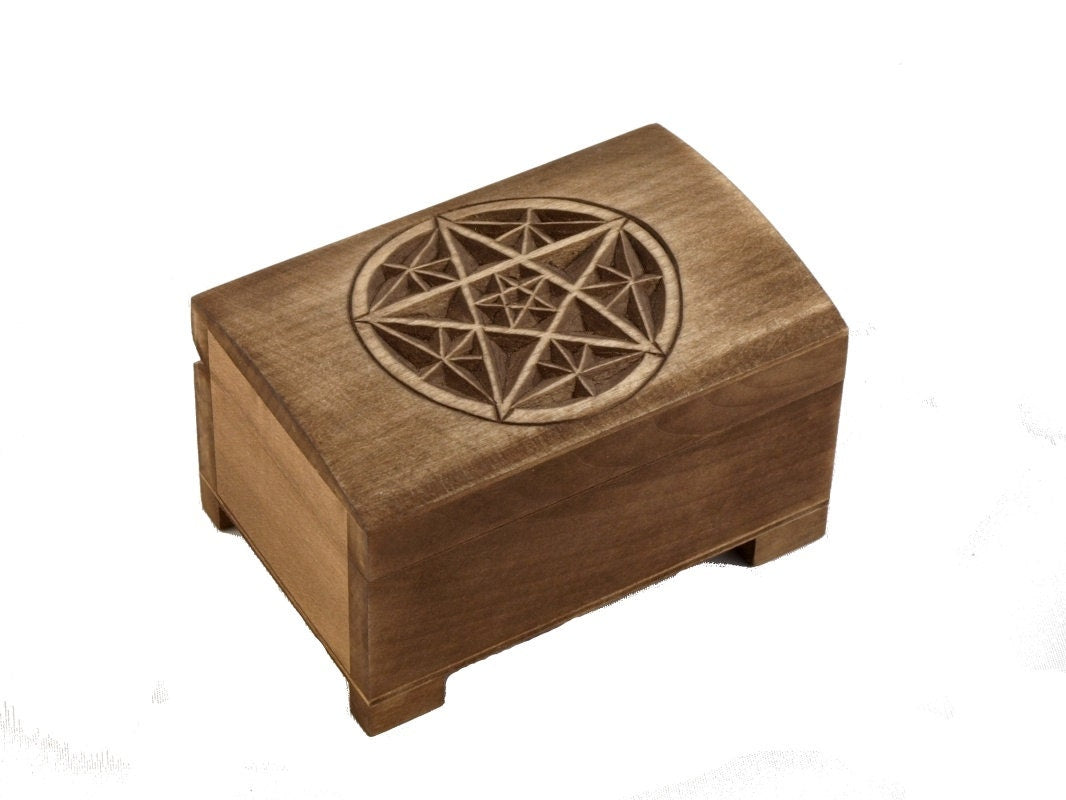wooden jewelry box with hand carved pentagram
