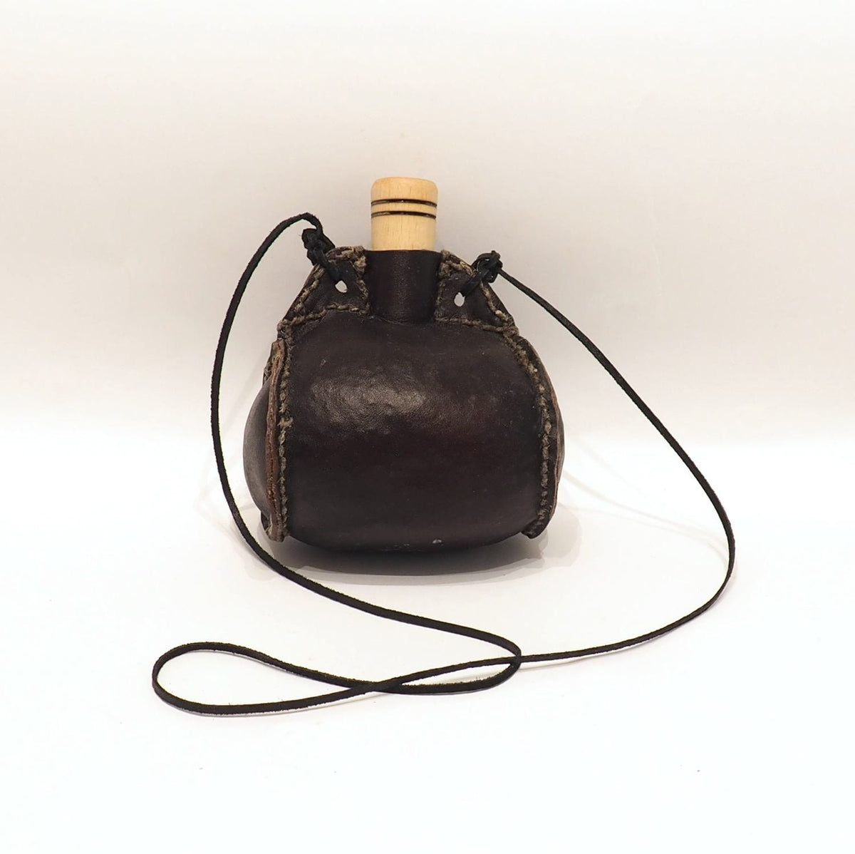 Small hand crafted authentic medieval wine skin with wooden stopper leather flask bladder ALL NATURAL
