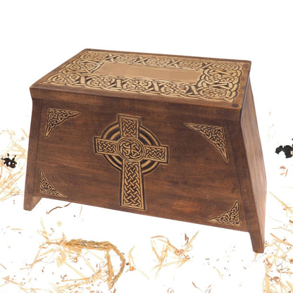 Celtic Cross Wooden Urn For Human Ashes, Wooden Memorial Box, Hand Carved, Keepsake Cremation Urns, Cremation Boxes For Burial, Celtic pagan