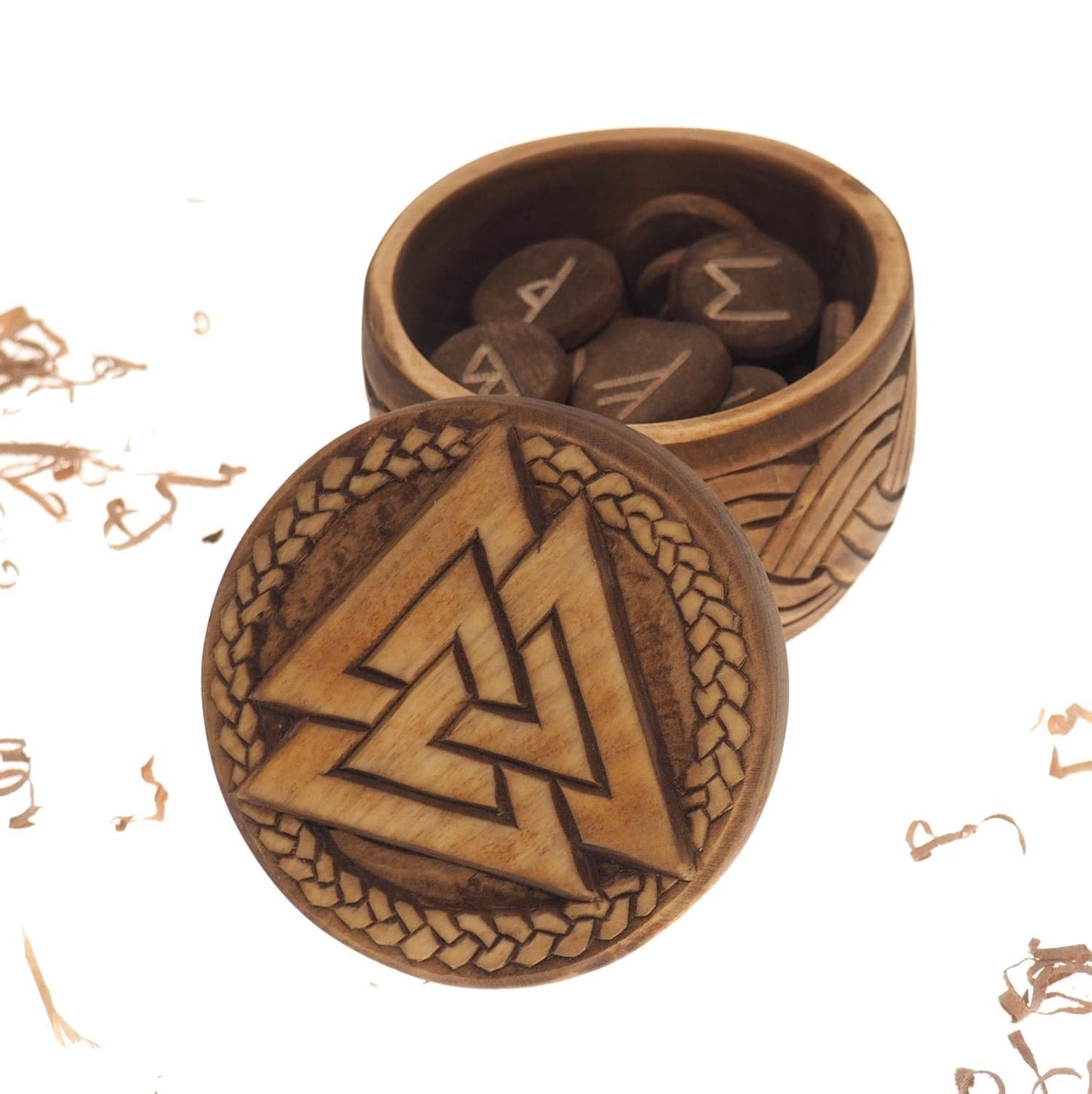 Viking Rune Set in hand carved Box with Valknut Norse Runes Elder Futhark Runes Asatru Runes Divination Runes Runes box viking