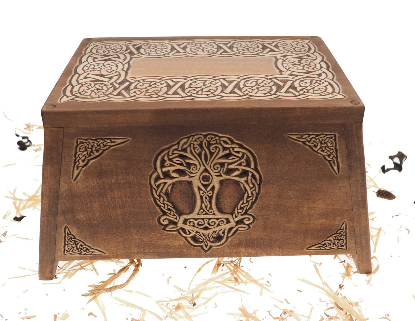 Thor hammer Yggdrasil Wooden Urn For Human Ashes, Wooden Memorial Box, Hand Carved, Keepsake Cremation Urns, Cremation Boxes For Burial