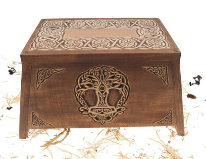 Thor hammer Yggdrasil Wooden Urn For Human Ashes, Wooden Memorial Box, Hand Carved, Keepsake Cremation Urns, Cremation Boxes For Burial