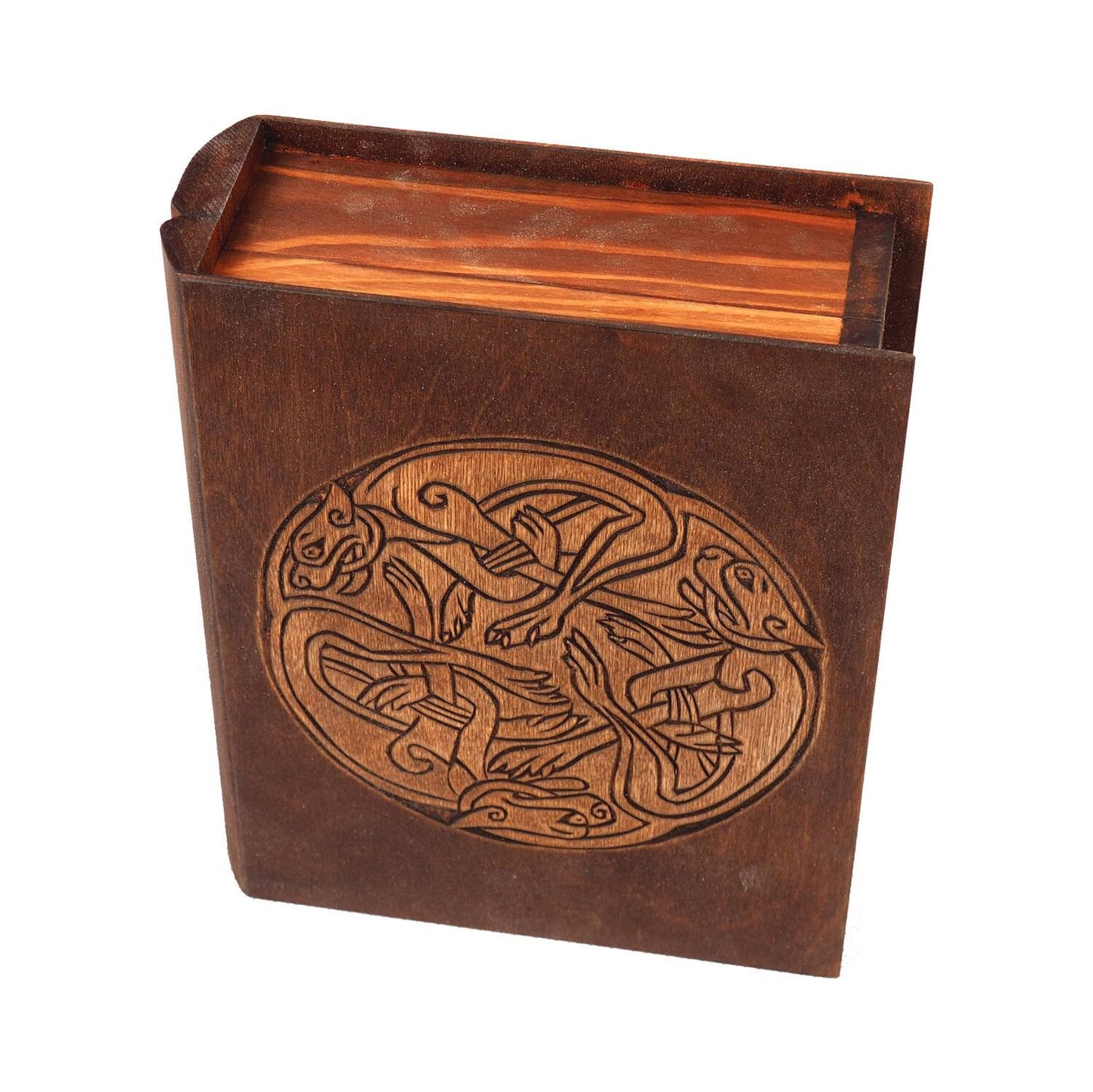 Historical wooden box in the shape of a book with  3 Dogs Book of Kells