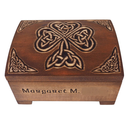 Personalized wooden hand carved jewelry box, Shamrock, keepsake box, jewelry storage, memory box, celtic,  hand carved, gift box, wooden box