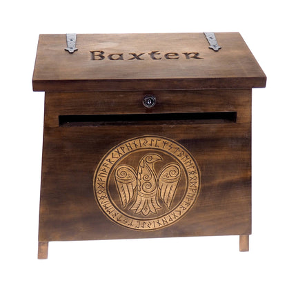 Big Personalised Viking MailBox, Raven,  Wooden Wall Mount,  CardBox with Key, Hanging Post Box with a slot, Housewarming Gift, Wedding Gift