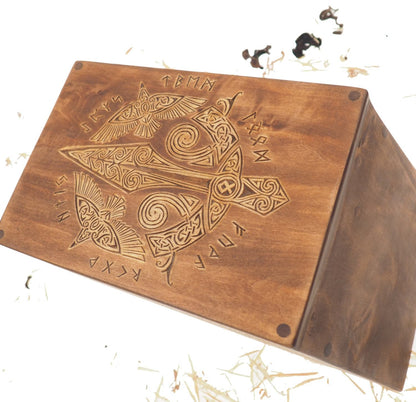Viking Personalized Wood Urn For Human Ashes, Wooden Memorial Box Carved , Keepsake Cremation Urns, Cremation Boxes For Burial, Viking pagan