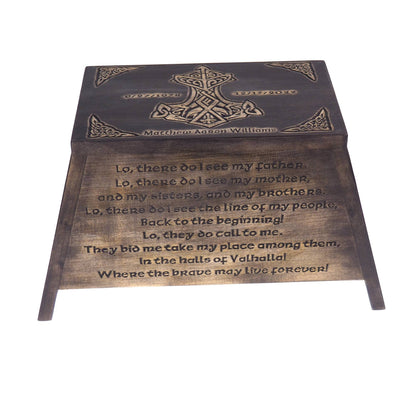 Viking Personalized Wood Urn with Thor hammer, Viking prayer, Wooden Memorial Box Carved , Cremation Urns,  Boxes For Burial, Viking, pagan