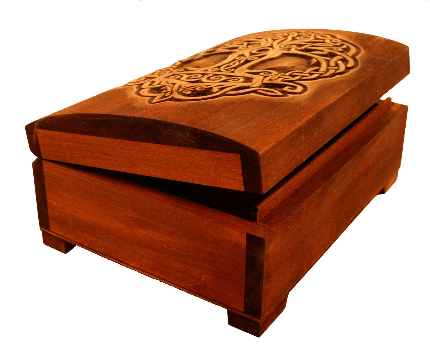 Wooden historical jewelry box with Yggdrasil and Thor hammer