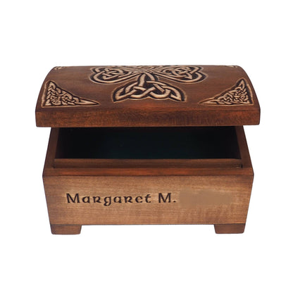 Personalized wooden hand carved jewelry box, Shamrock, keepsake box, jewelry storage, memory box, celtic,  hand carved, gift box, wooden box