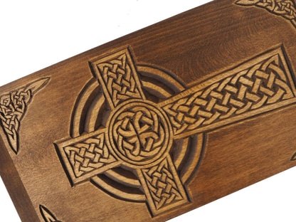 Personalized Wood Urn with Celtic Cross, For Human Ashes, Wooden Memorial Box, Carved Keepsake Cremation Urns, Medieval Viking style
