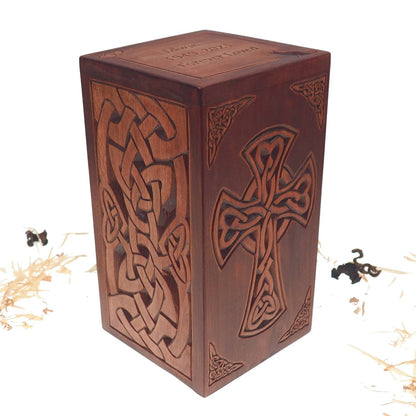Personalized Wood Urn For Human Ashes, Celtic cross and plait motive, Wooden Memorial Box, Carved Keepsake Cremation Urns, Boxes For Burial