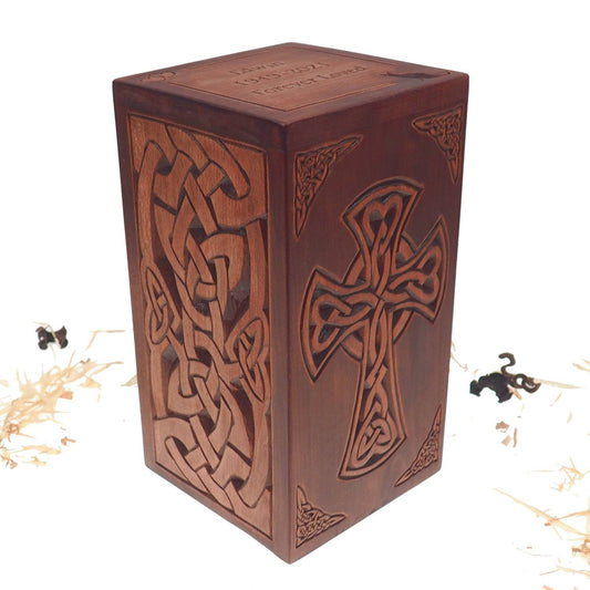 Personalized Wood Urn For Human Ashes, Celtic cross and plait motive, Wooden Memorial Box, Carved Keepsake Cremation Urns, Boxes For Burial