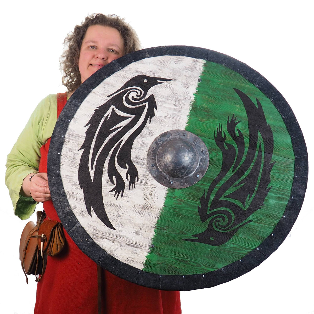 Double Ravens Personalized Viking Shield Green, Norsman shield, Wall decor, Larp and reenactment, SCA ready, black shield, Valhalla pattern