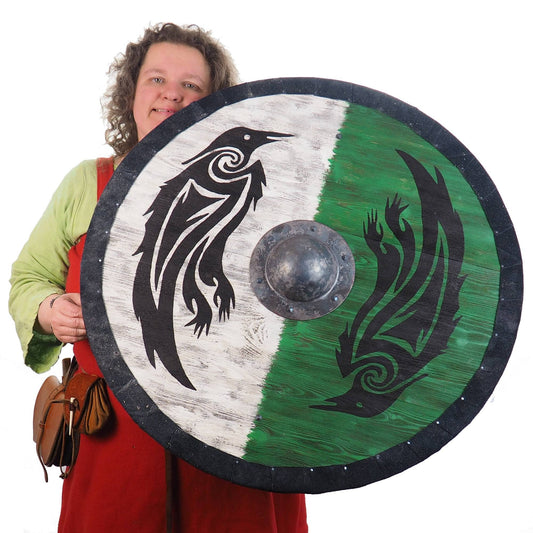 Double Ravens Personalized Viking Shield Green, Norsman shield, Wall decor, Larp and reenactment, SCA ready, black shield, Valhalla pattern