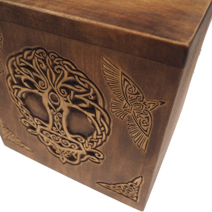 Square Personalized Wood Urn For Human Ashes, Thor hammer Yggdrasil Memorial Box, Carved Keepsake Cremation Urns, Cremation Boxes For Burial