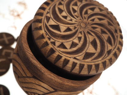 Viking Rune Set in hand carved Box with Solar protection Norse Runes Elder Futhark Runes Asatru Runes Divination Runes Runes box viking