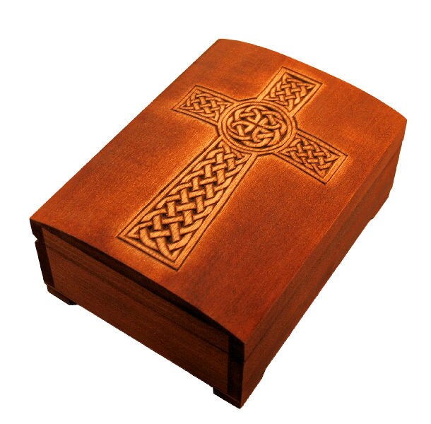 wooden historical jewelry box with "isle of man" celtic cross pattern